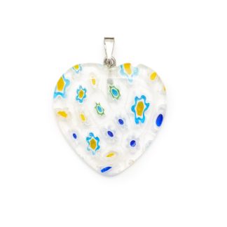 Millefiori Glass Clear, Blue, Yellow, & Green Heart Shape Necklace