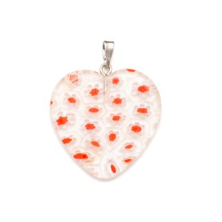 Millefiori Glass Clear, White & Red Heart Shape Necklace